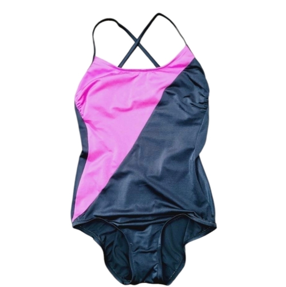 Vintage JcPenney Neon Hot Pink Black One Piece Swimsuit